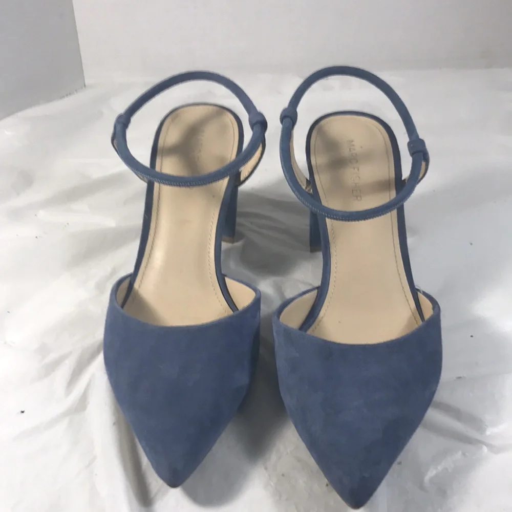 Marc Fisher LTD. Women’sMarlon Blue Suede Strappy  Pointy Toe Chunky Heels Shoes